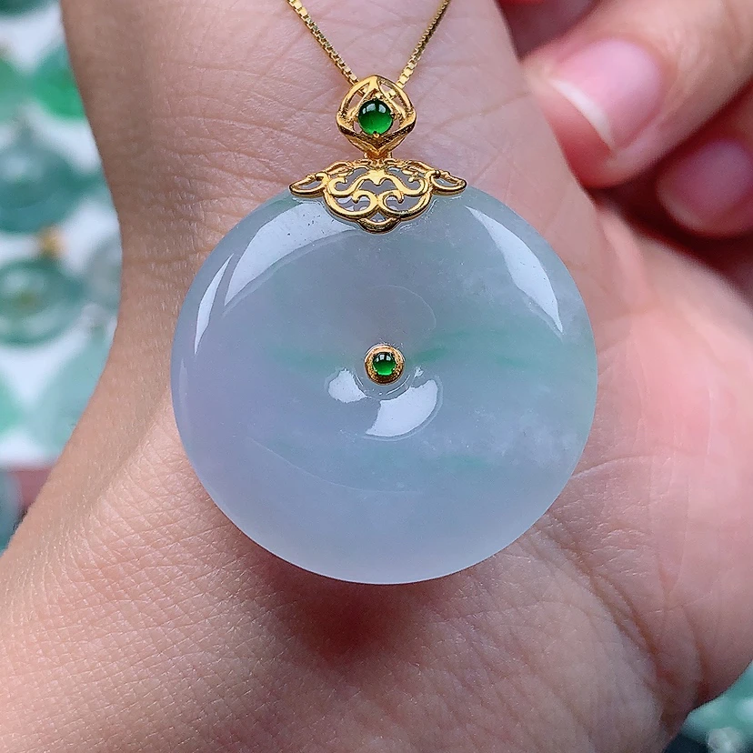 缅甸天然A货翡翠18k金镶嵌冰润春彩平安扣（尺寸27.9*5.7）