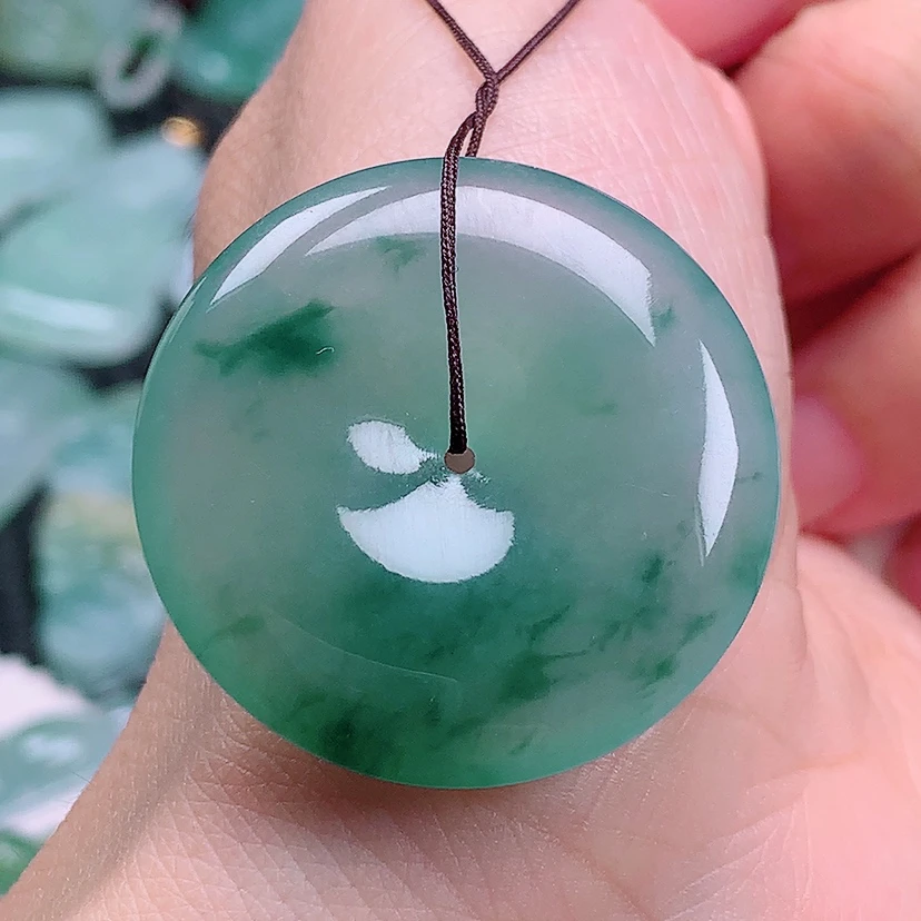 缅甸天然A货翡翠冰润飘花平安扣吊坠（尺寸34.2*6.1）