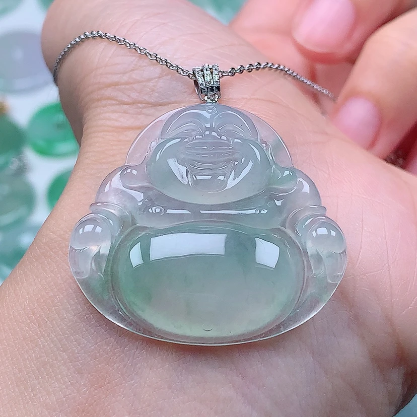 缅甸天然A货翡翠18k金镶嵌冰种飘绿大佛公（尺寸32.8*36.1*6）