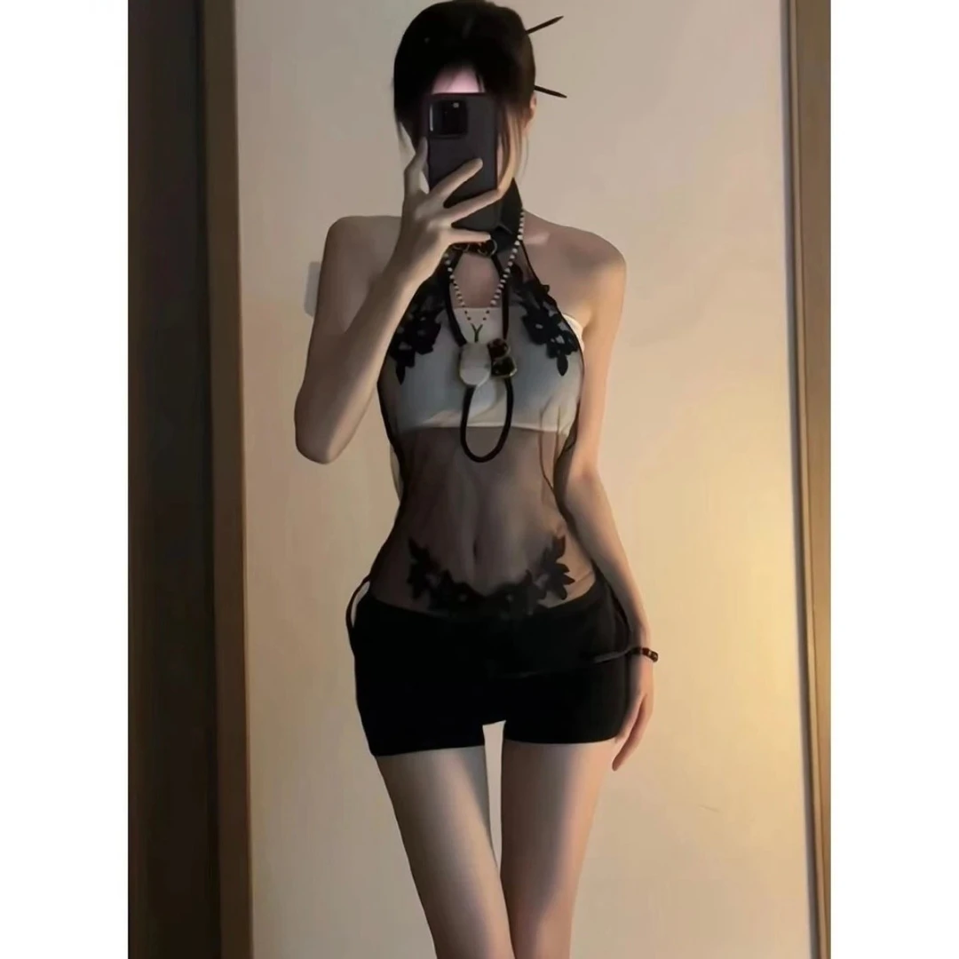 魅友性感蕾丝复古制服网纱纯欲女透视古典刺绣斩男包臀套装薄款