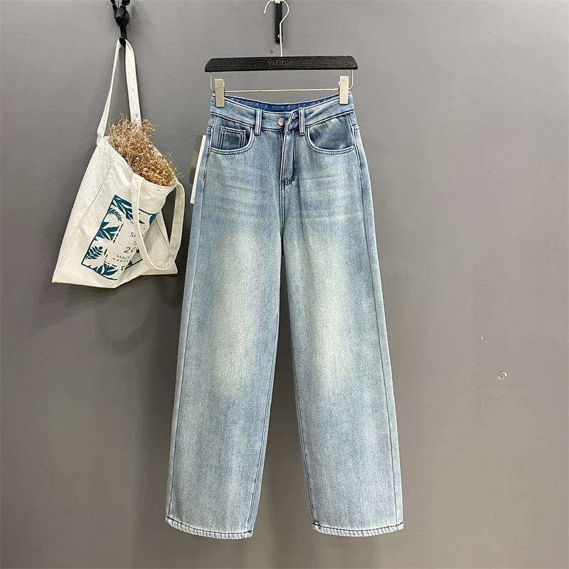网红爆款浅蓝色加绒加厚阔腿裤百搭宽松不弹保暖牛仔女长裤子秋冬
