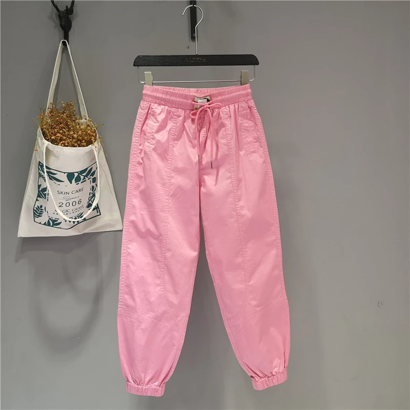 潮款松紧腰休闲裤2025年春夏新款速干水洗棉薄工装裤束脚九分裤女