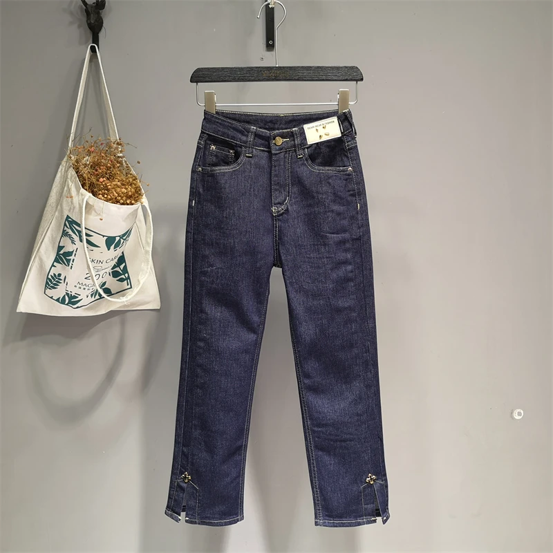深蓝色复古女装直筒九分裤2025年夏季金属装饰开叉休闲薄款烟管裤