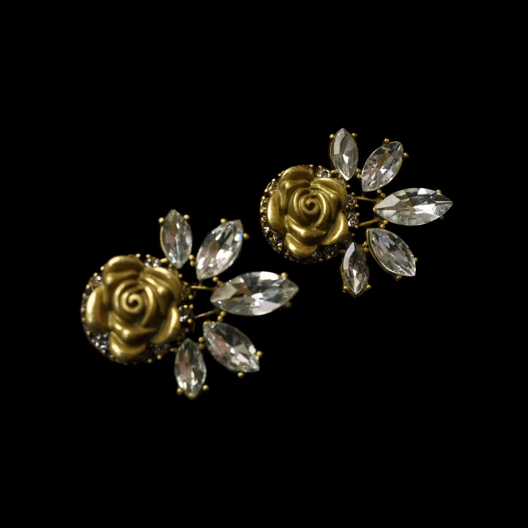 铜合金合成锆石耳饰 玫瑰花中古vintage风耳饰~5729