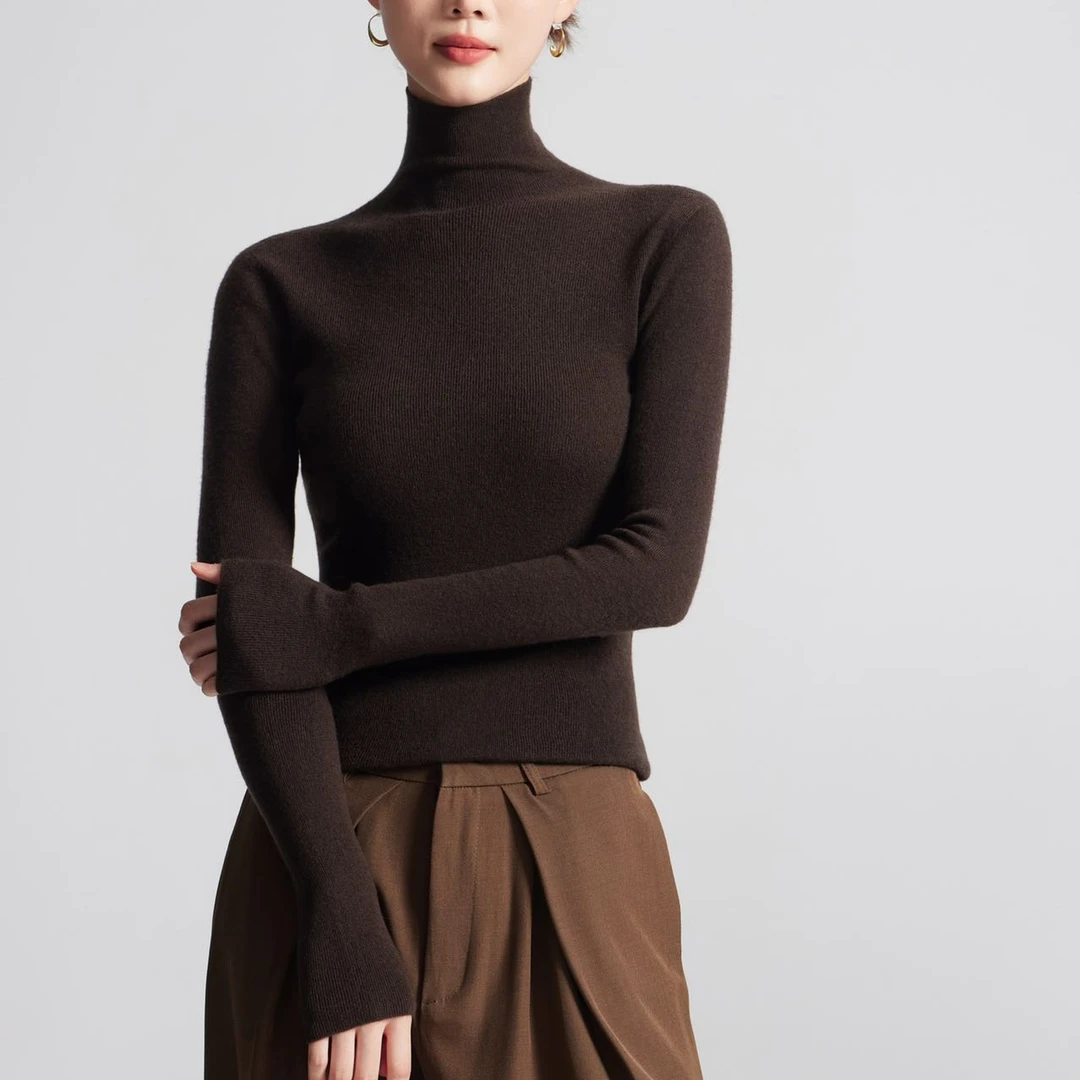 天鹅领女装上衣90S100%美丽诺羊毛半精纺纱纯色修身打底衫8002款