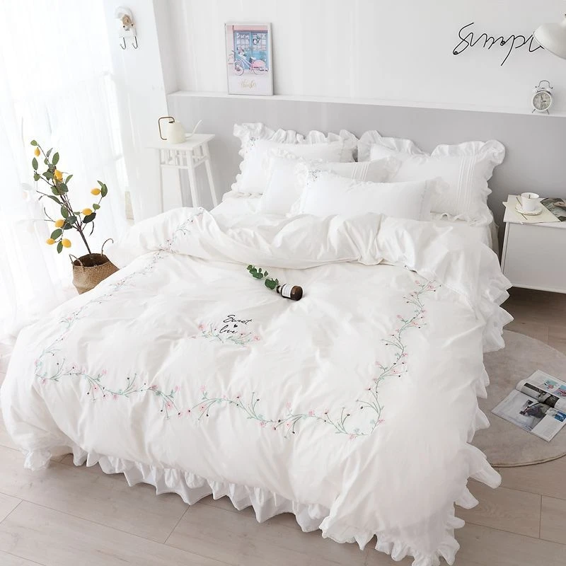 【100%纯棉】公主风床裙款白色四件套全棉床罩绣花被套网红花边裸睡