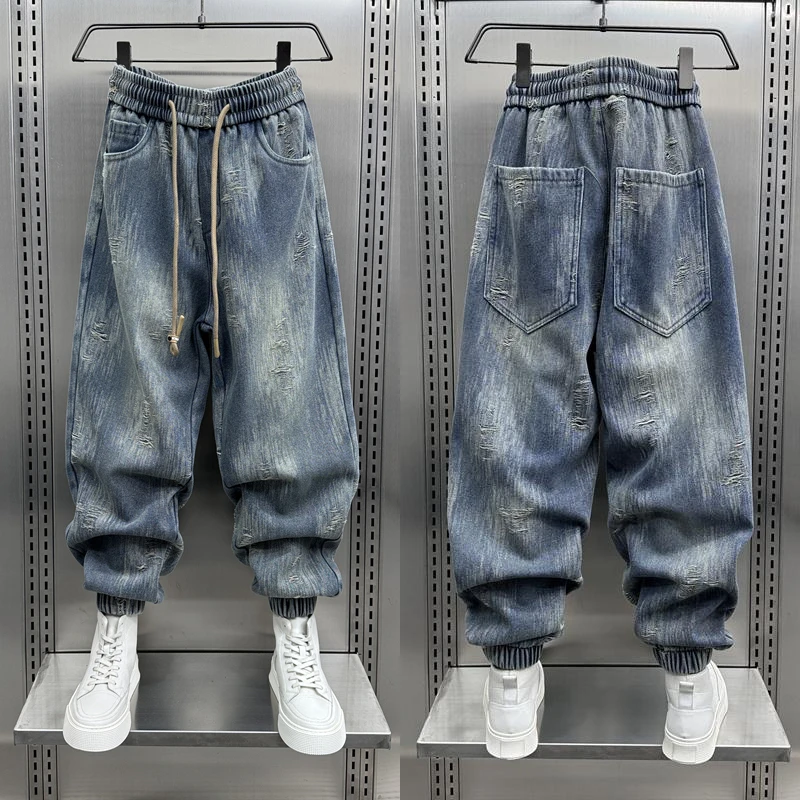 2024秋冬新款牛仔裤男时尚韩版潮流宽松束脚裤痞帅水洗刮烂哈伦裤