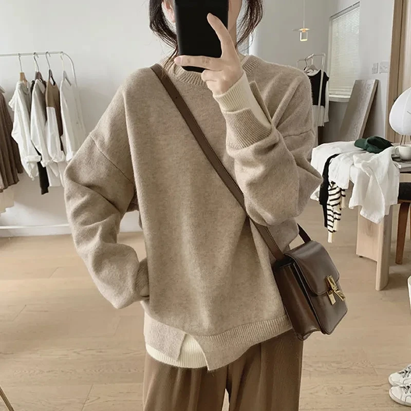 大码胖妹妹假两件毛衣女春季新款宽松显瘦慵懒风软糯针织上衣外穿