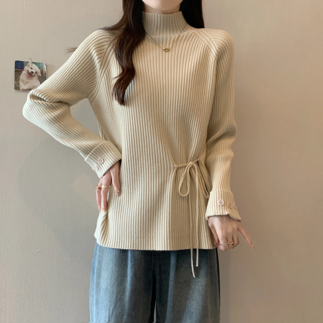 大码设计感半高领系带毛衣女秋季胖mm遮肉显瘦慵懒风打底针织上衣