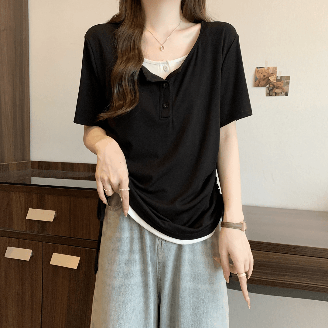 大码微胖MM遮肉显瘦短袖T恤女2024夏季新款抽绳设计感假两件上衣