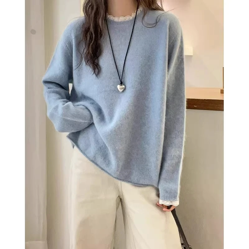 大码圆领拼接小众设计感毛衣女微胖妹妹秋季慵懒风别致显瘦针织衫