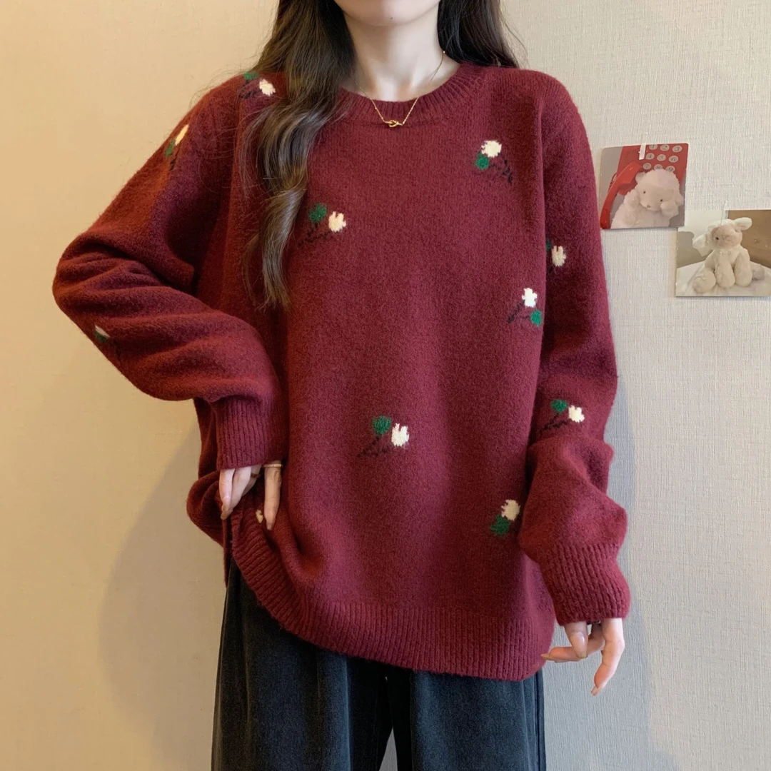 软糯毛衣女秋季新款大码胖mm宽松显瘦慵懒风刺绣花朵设计感针织衫