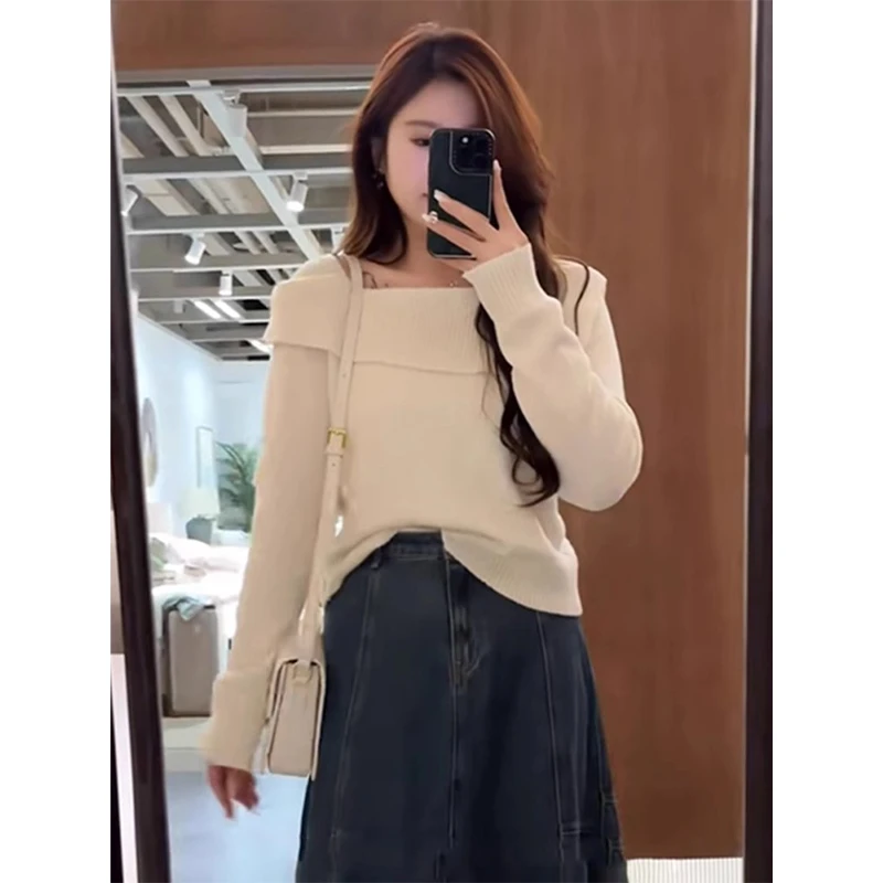 大码胖mm一字肩长袖针织衫女2024秋季新款遮肉显瘦气质毛衣打底衫