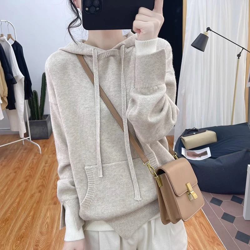 大码加厚假两件连帽针织衫女秋冬新款胖mm慵懒风宽松打底毛衣外套