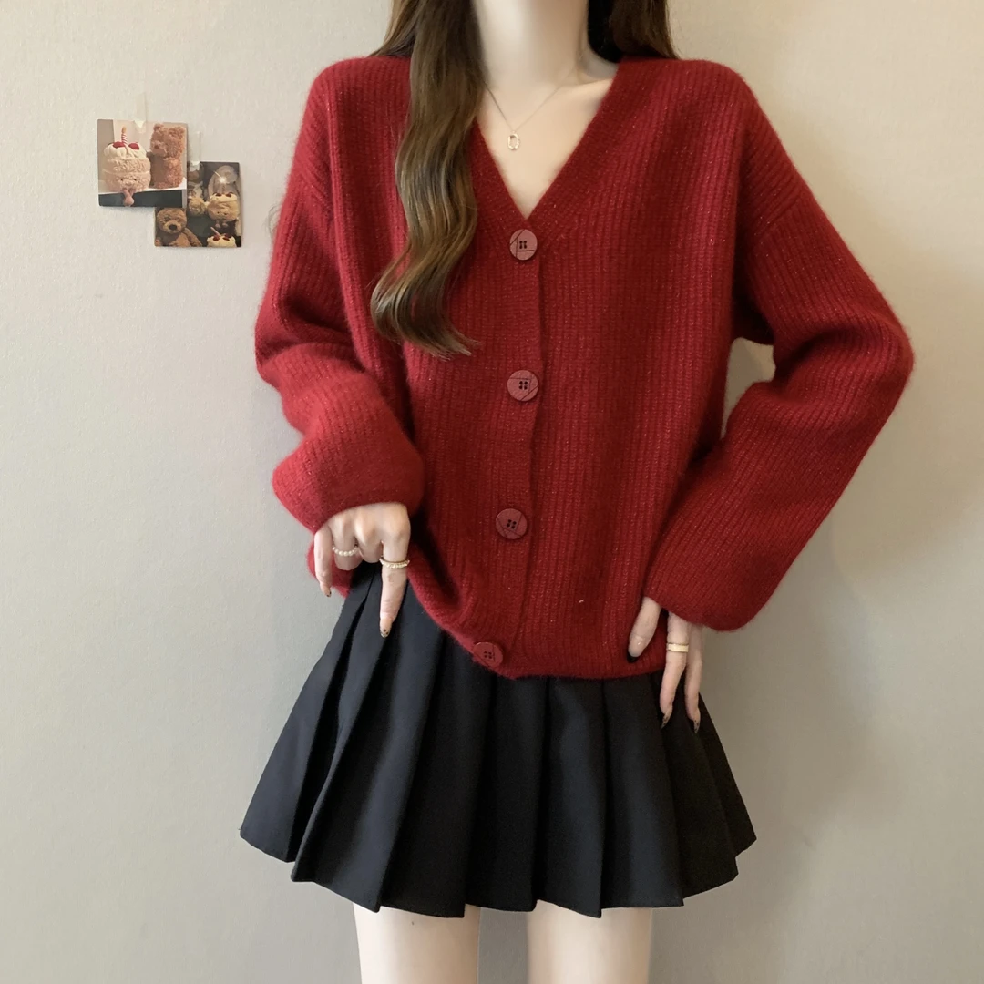 大码V领长袖针织开衫女秋冬新款胖mm宽松遮肉显瘦慵懒风毛衣外套