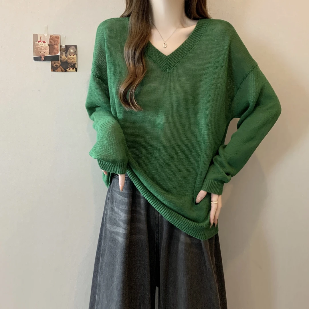 大码V领正肩长袖针织衫女2025秋季新款胖mm慵懒风宽松显瘦打底衫