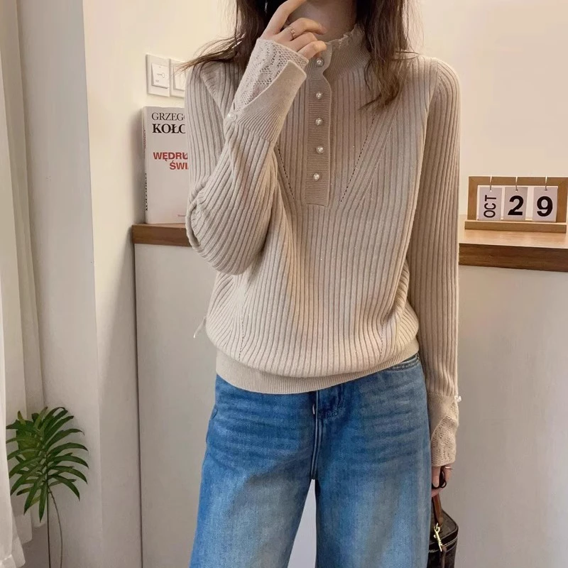 法式蕾丝拼接软糯毛衣女胖妹妹大码冬季时尚百搭显瘦打底针织上衣