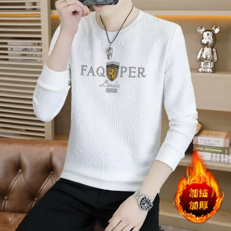 加绒提花卫衣男潮流修身烫钻字母秋季新款青年长袖T恤男