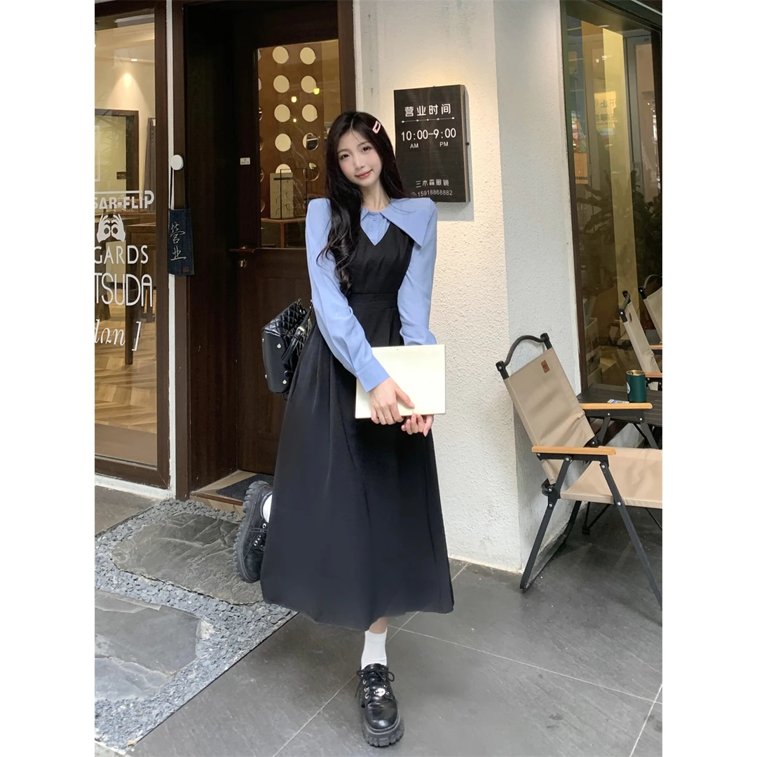 胖妹妹-大码女装复古学院假两件翻领长袖新款收腰显瘦A字连衣裙