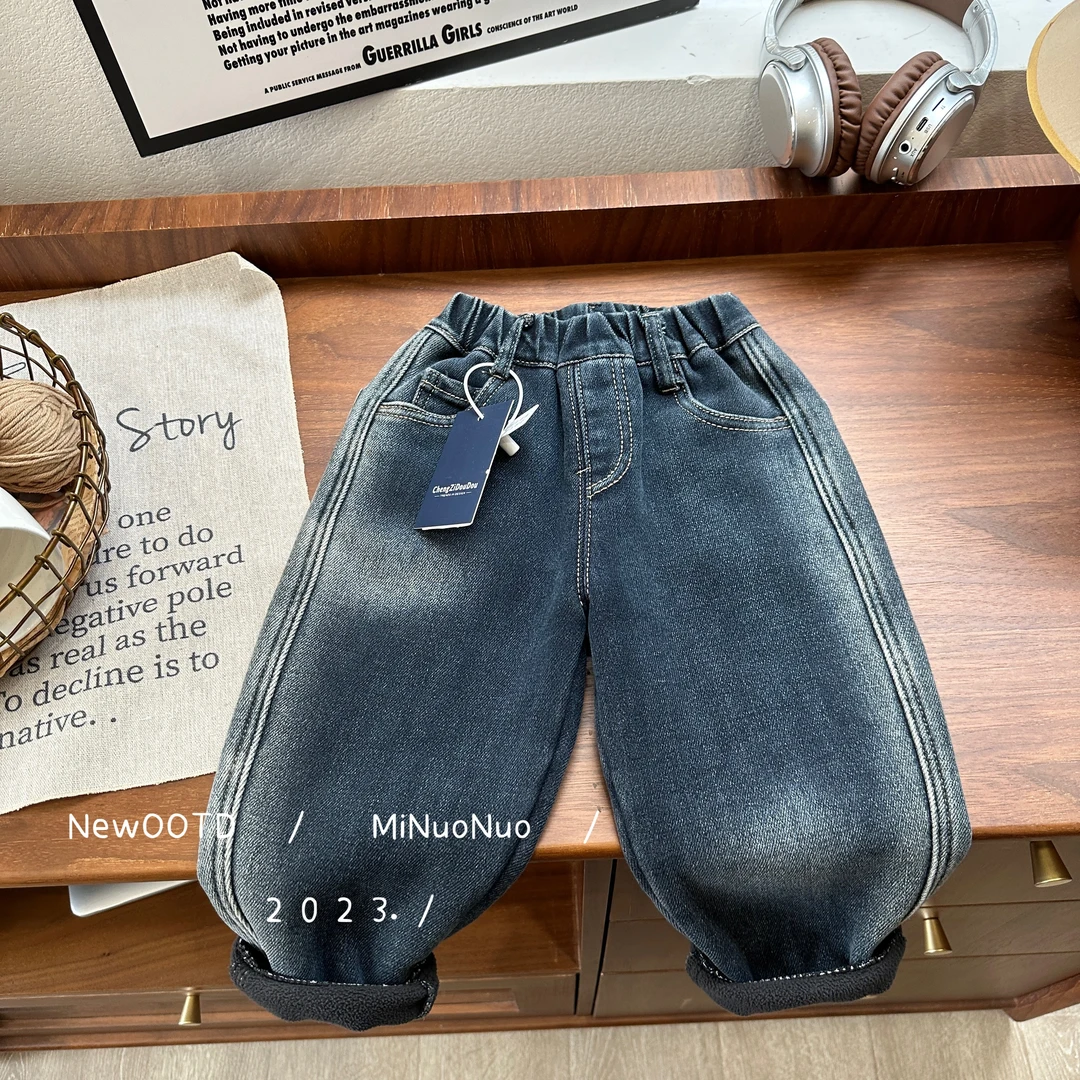 【大可】2024儿童男童韩版休闲加绒百搭设计款牛仔裤KK2228