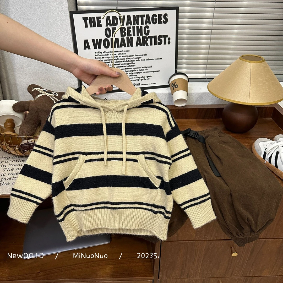 【大可】宝宝秋季毛衣新款儿童条纹男女童韩版连帽针织衫HBB2272