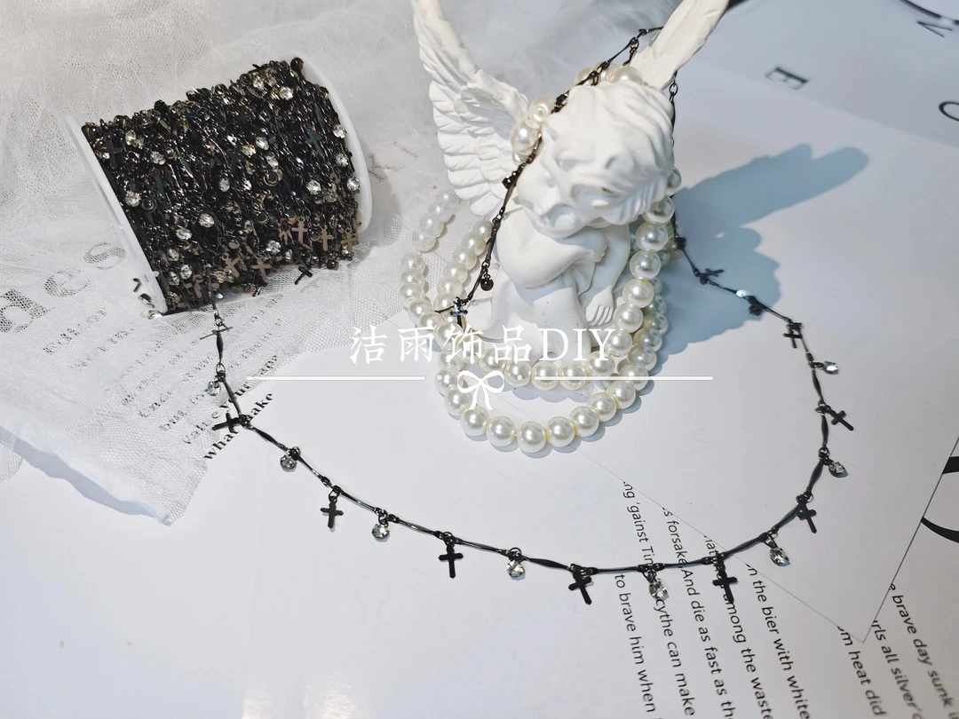 （沐悠饰品diy）L00330 黑色简约十字架钻链纯铜链条DIY