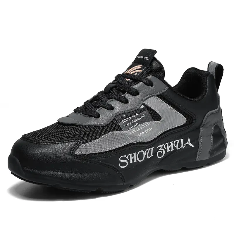 男士休闲跑步鞋透气春季夏季网面运动鞋透气软底鞋潮流【黑银款】