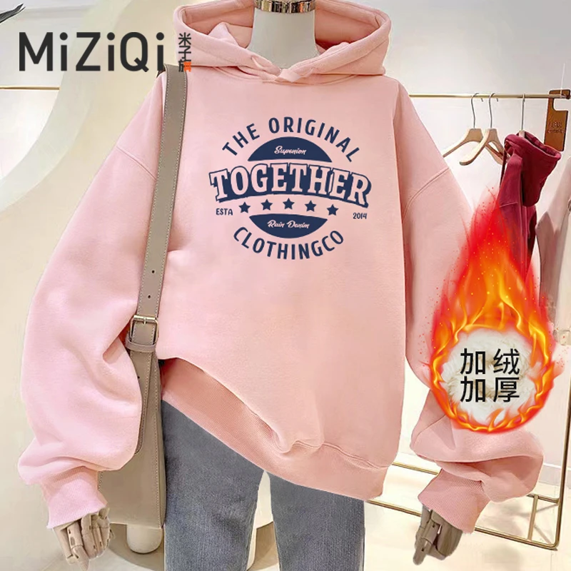 米子旗女士连帽卫衣2023潮款加绒圆领套头学生宽松上衣加绒加厚