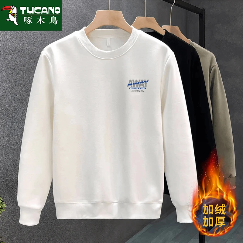 啄木鳥2024秋冬季新款加绒圆领套头卫衣男士时尚百搭运动休闲上衣