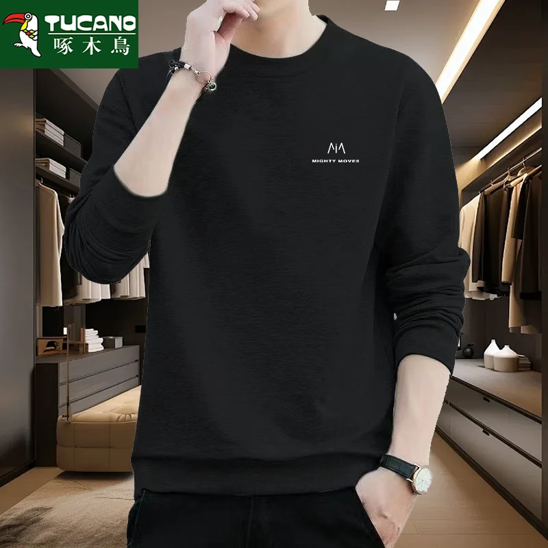 啄木鳥春秋休闲新款简约长袖男士卫衣百搭大码圆领印花宽松套头衫