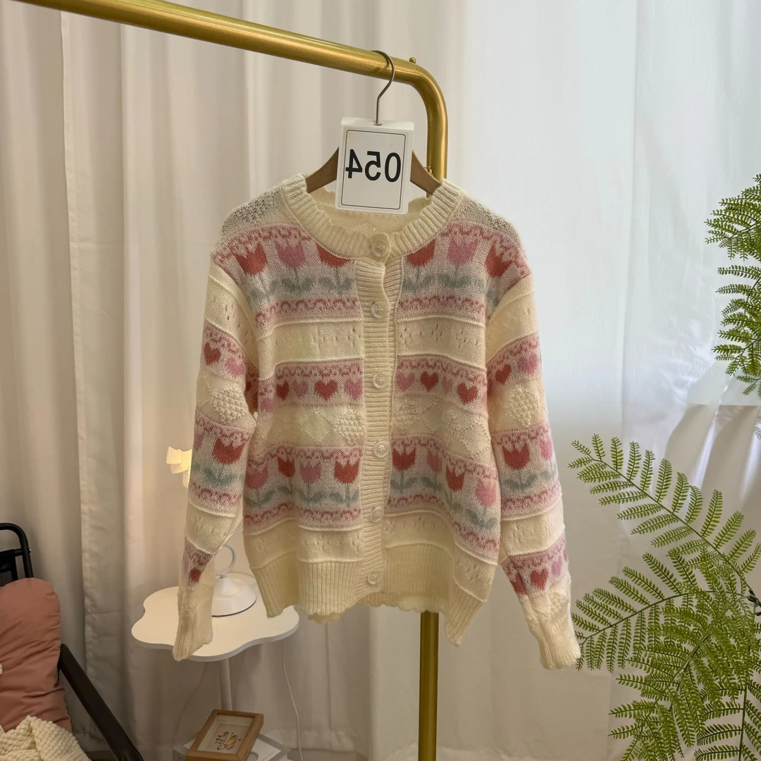 秋冬复古提花镂空毛衣针织开衫女秋装2024年新款韩版宽松甜美上衣