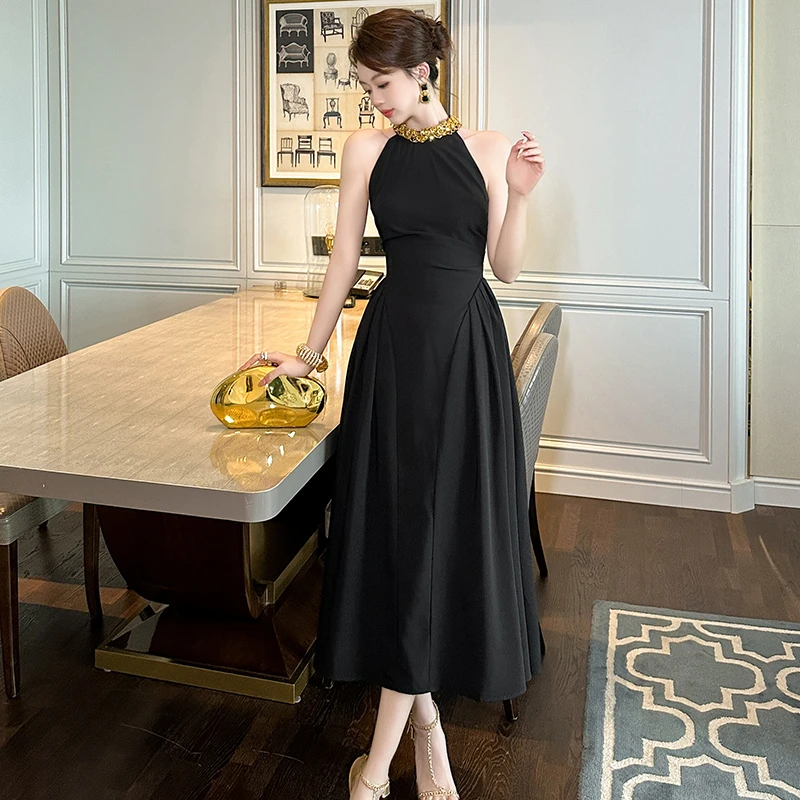 【十六定制】法式收腰小黑裙长款复古赫本风修身名媛连衣裙9835