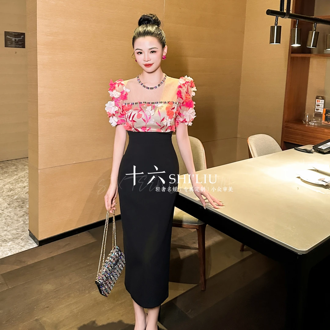 【十六原创】莫奈花海·开叉连衣裙修身时尚精致女装连衣裙50677