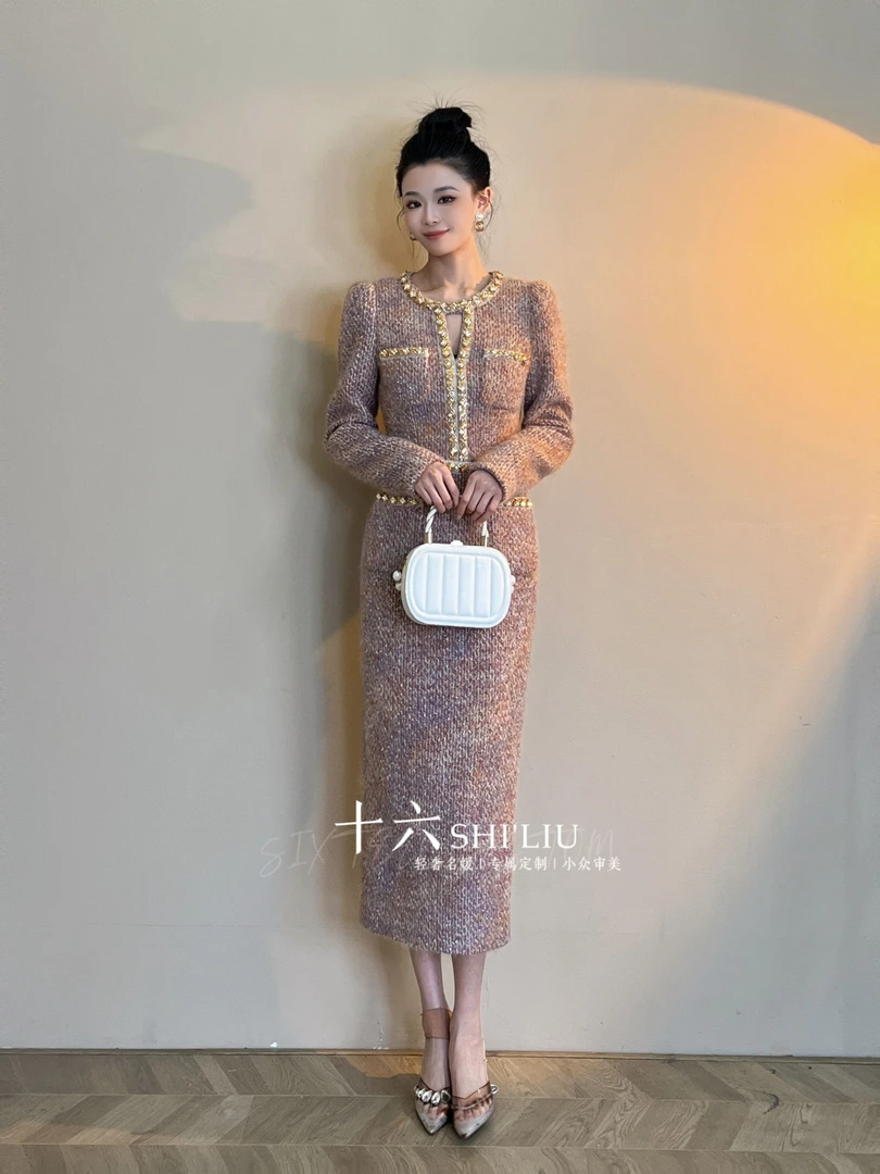 【十六原创】桃夭·小香风加厚带钻轻奢秋冬显瘦名媛女装连衣裙51233