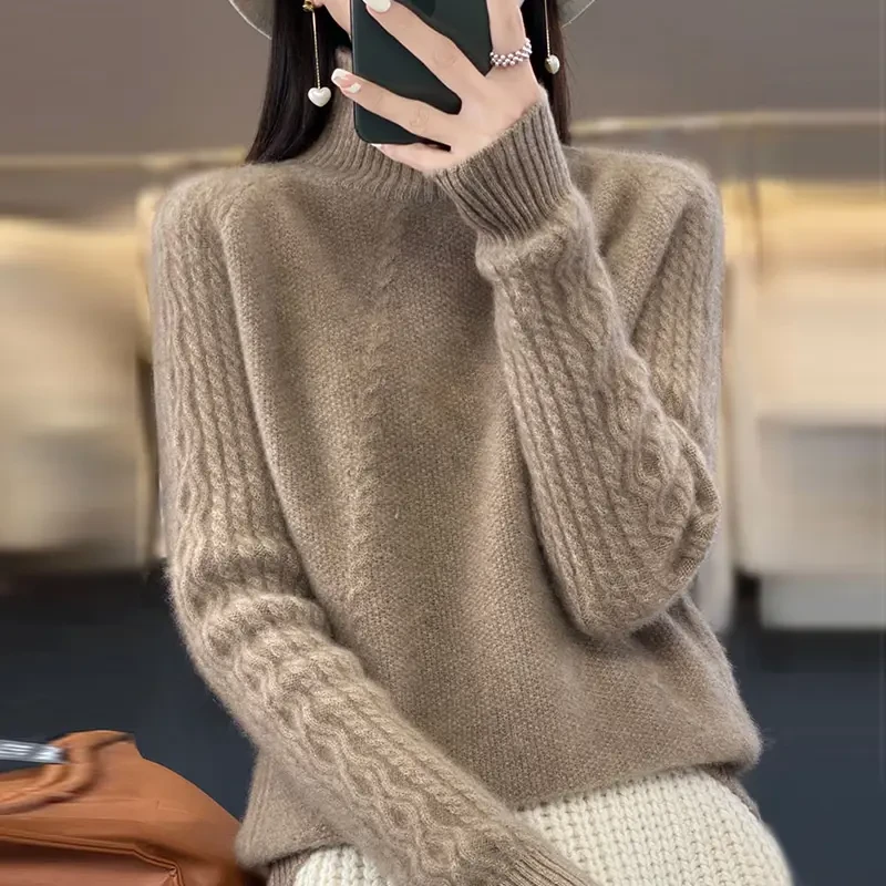 鄂尔多斯市纯羊绒衫女秋冬半高领加厚宽松羊毛衫内搭针织打底毛衣