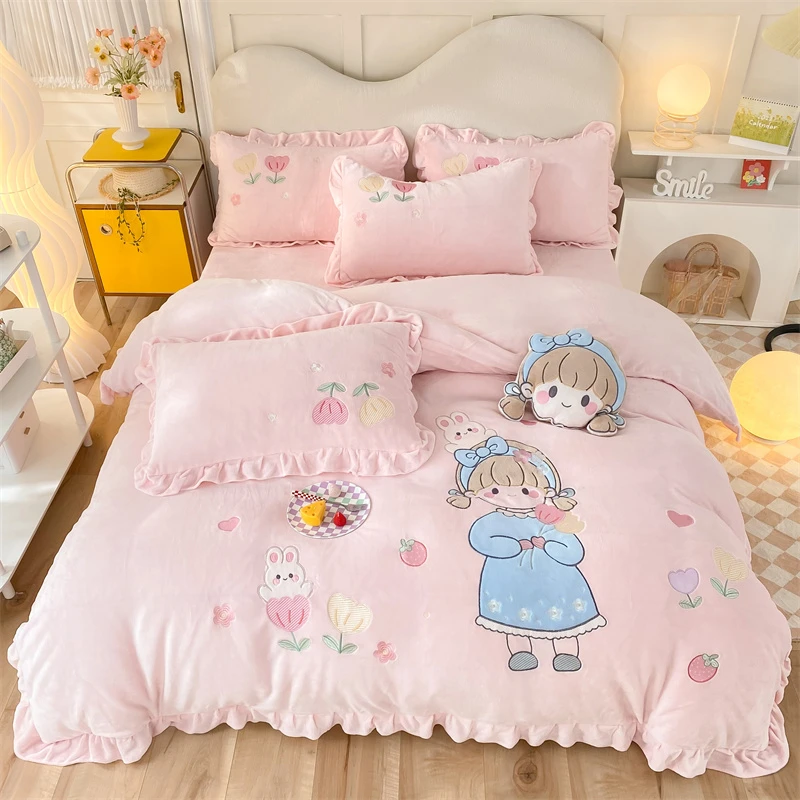 加厚牛奶绒四件套被套床单冬保暖双面绒三件套公主风可爱女孩韩版