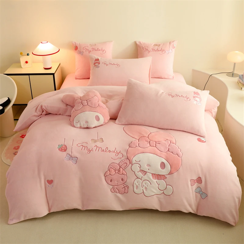 加厚牛奶绒床单四件套双面绒加绒被套冬季保暖学生宿舍三件套可爱