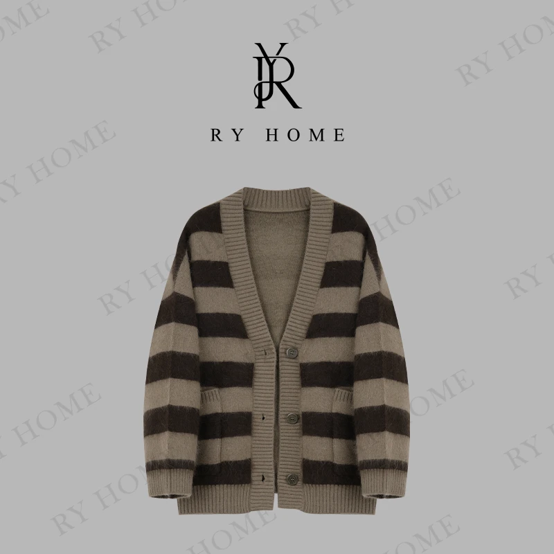 【容雨RYHOME】绵羊毛＋遮肉显瘦软糯撞色条纹毛衣开衫外套243M2695