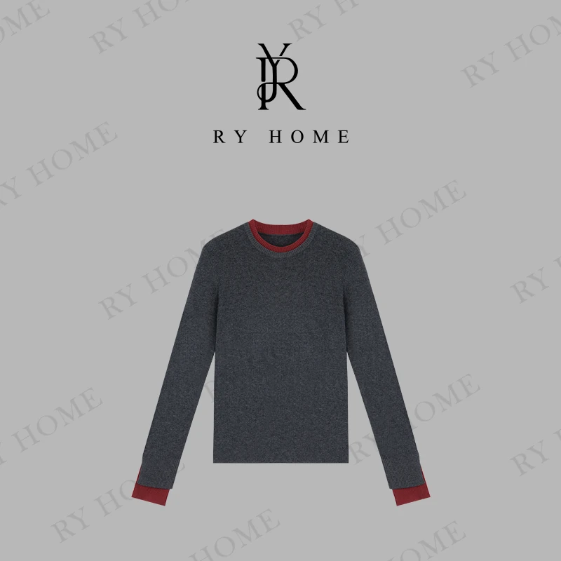 【容雨RYHOME】绵羊毛~撞色百搭显瘦圆领针织衫243M2716