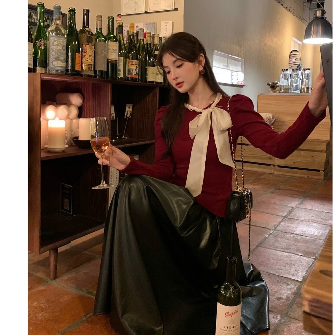 优雅复古法式气质系带上衣秋冬百搭皮裙Ａ字半身裙