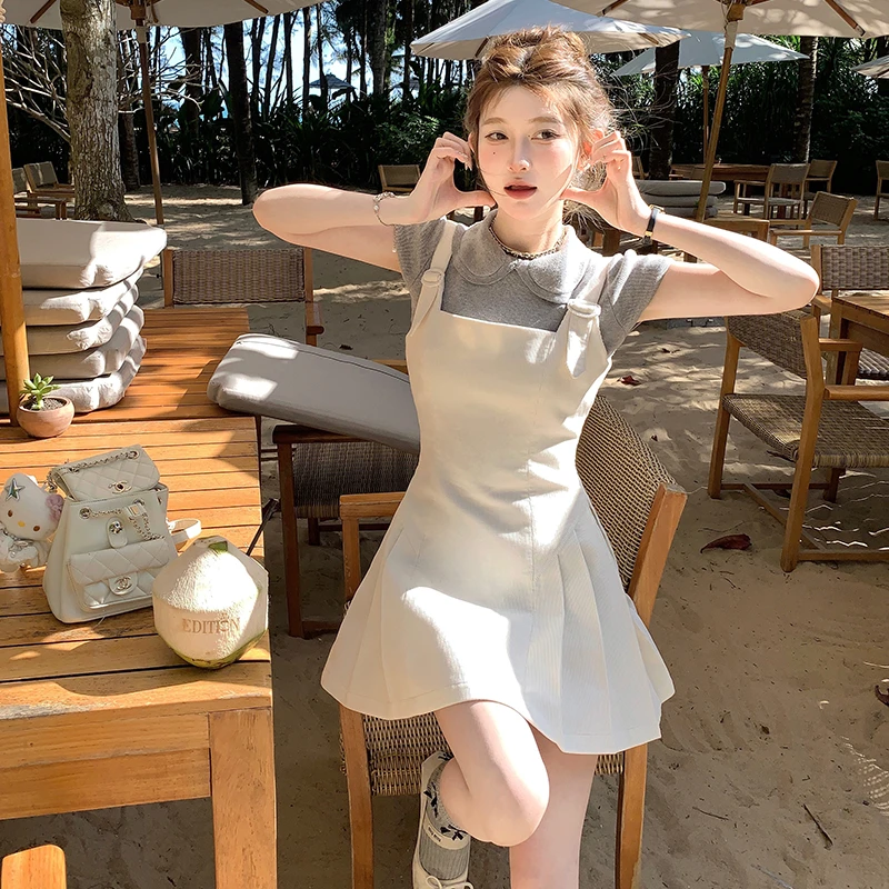 小个子气质法式娃娃领显瘦针织袖套短袖上衣2024灯芯绒背带连衣裙