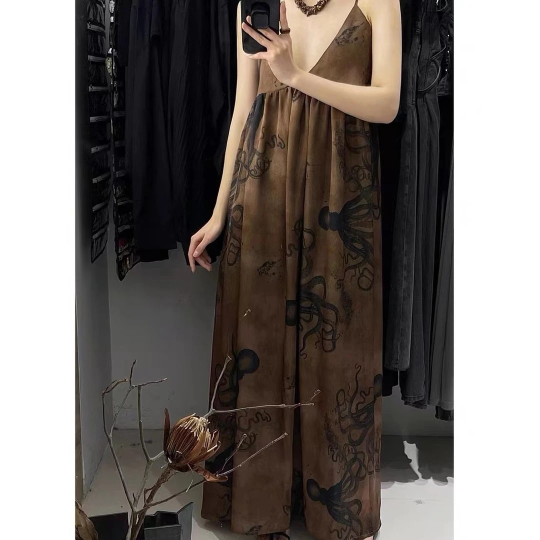 夏季新款女装 清冷系水墨风晕染花色吊带连衣裙气质咖色长裙D1204