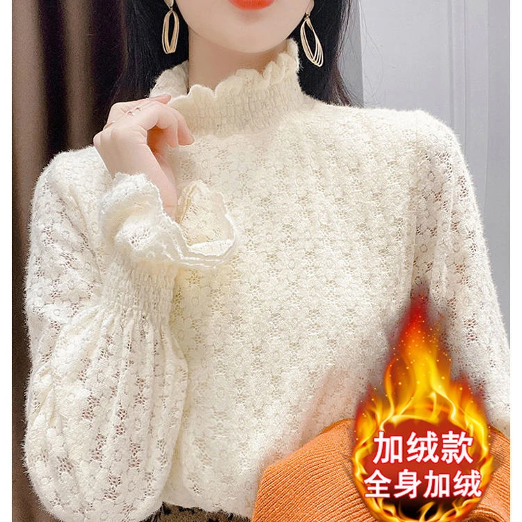 XUDUOMI/许多米磨毛加厚蕾丝打底衫女加绒内搭爆款高领网纱上衣