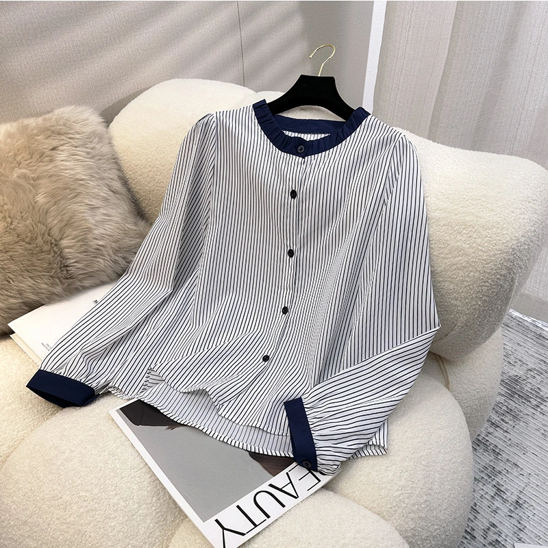 圆领拼色长袖条纹衬衫女2025春夏季新款宽松显瘦休闲泡泡袖小衫