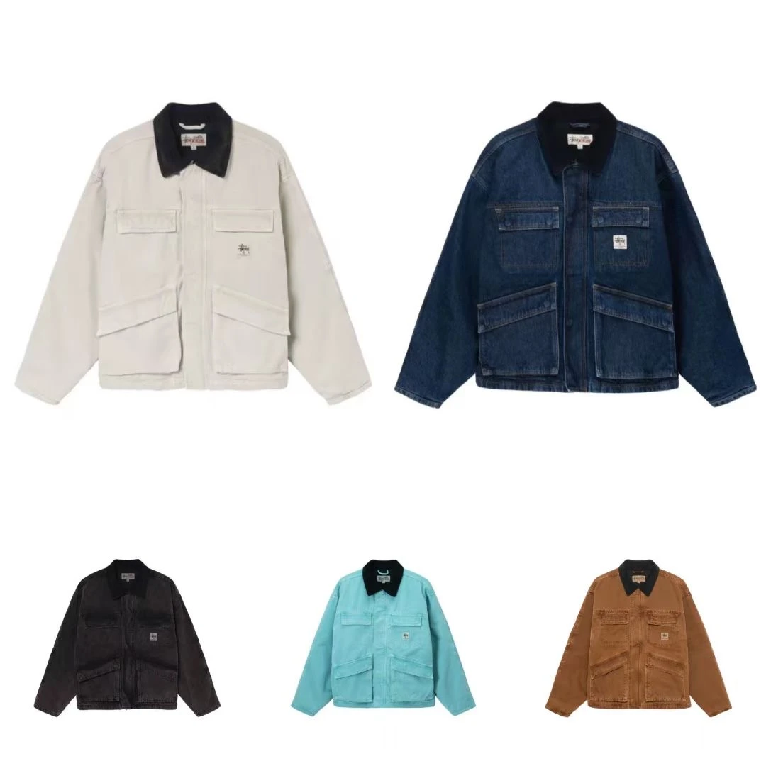 斯图X 休闲潮流水洗做旧灯芯绒翻领四袋复古工装夹克棉服