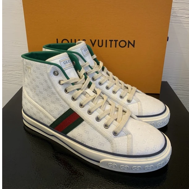 99新 GUCCI/古驰 白色老花满印高帮1977系列布面时尚百搭板鞋43码