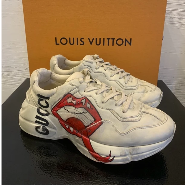 95新 GUCCI/古驰 象牙白色红唇印花做旧经典时尚增高老爹鞋40.5码