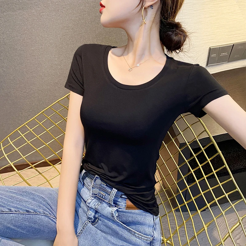 黑色莫代尔短袖t恤女2025年新款夏季圆领半袖体恤打底衫上衣ins潮