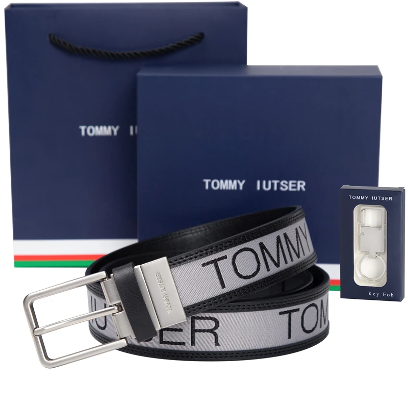 TOMMY IUTSER汤米带扣男真皮时尚休闲百搭夏季帆布LOGO针扣裤腰带