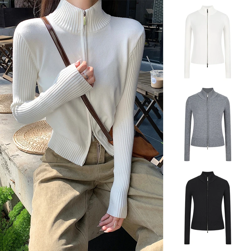 MosesQueen/魔西女王 双拉链立领针织开衫宽松短款气质上衣